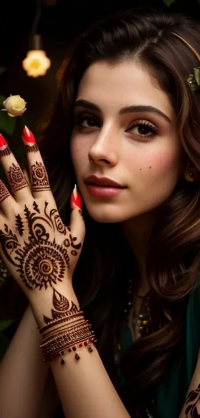 Intricate henna design with florals on a mobile wallpaper background.