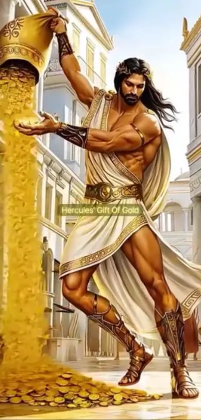 Hercules pouring golden coins from a large vase, dressed in ancient Greek attire.