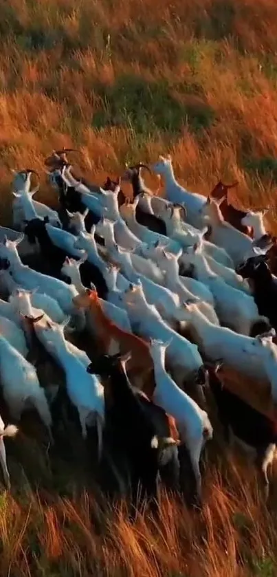 A herd of goats grazing in a field at sunset with golden-brown grass.