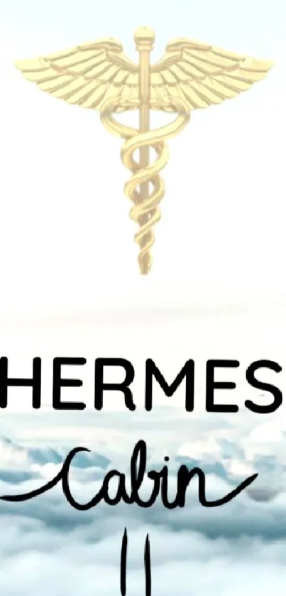 Hermes Cabin wallpaper with golden caduceus over clouds.