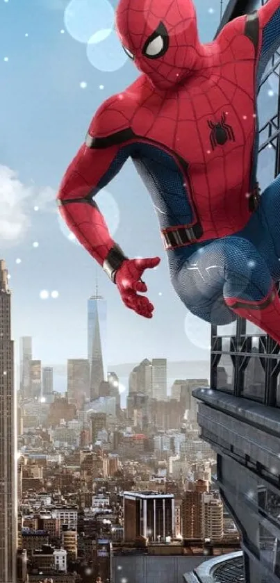 Superhero climbs skyscraper with cityscape background.