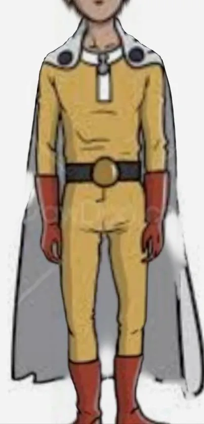 Illustration of a superhero with yellow costume and cape on white background.