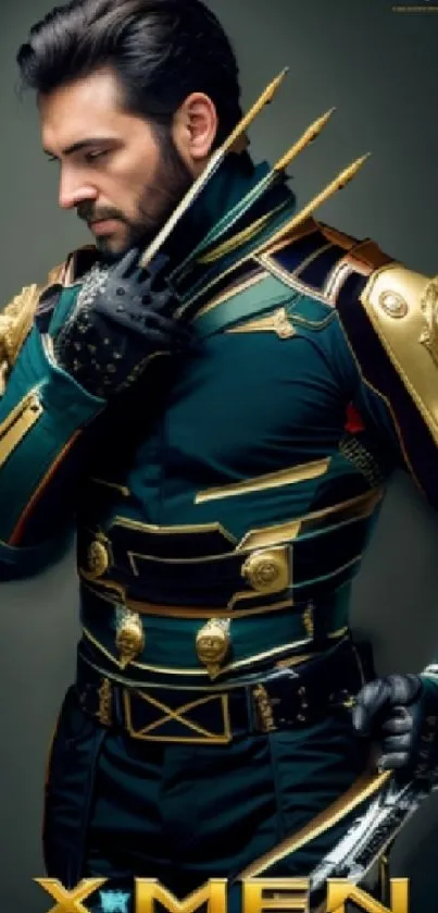 Hero in futuristic costume with claws on mobile wallpaper.
