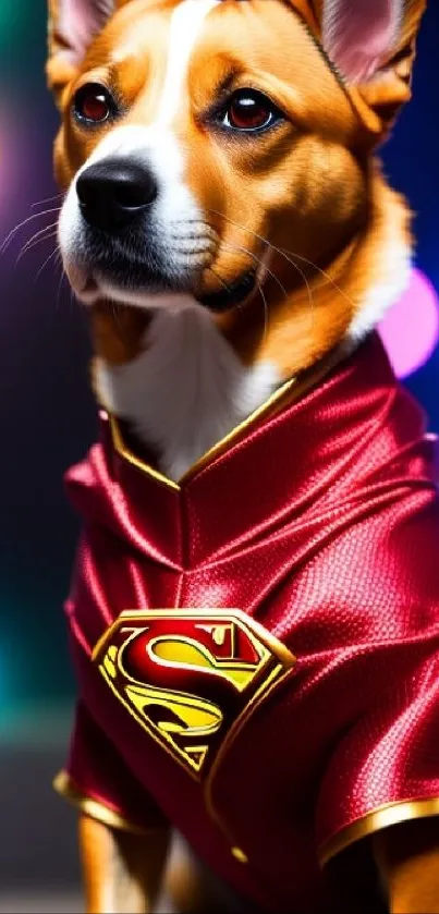 Dog in red superhero costume with colorful bokeh lights.