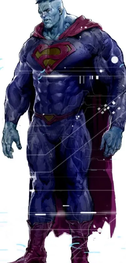 Superhero in blue suit with red cape on white background.