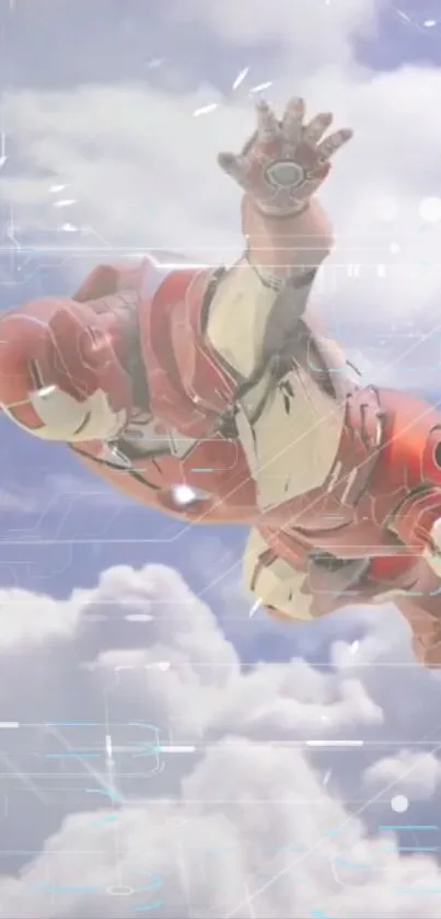 Superhero in digital armor flying through clouds in a bright, tech-themed sky.