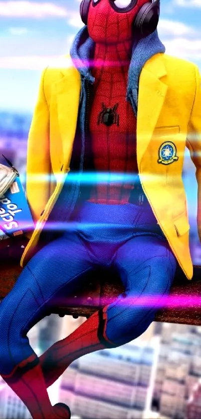 Superhero in yellow jacket with headphones on cityscape background.