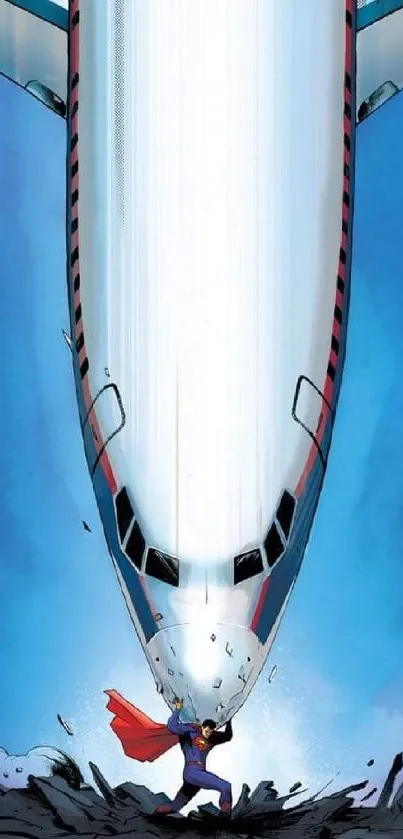 Superhero lifting plane against a blue sky in a dynamic comic art scene.