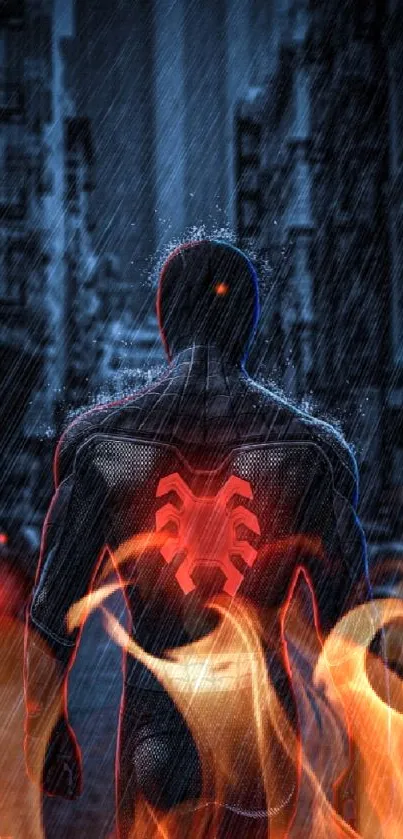 Superhero silhouette with red emblem in a rainy city street.