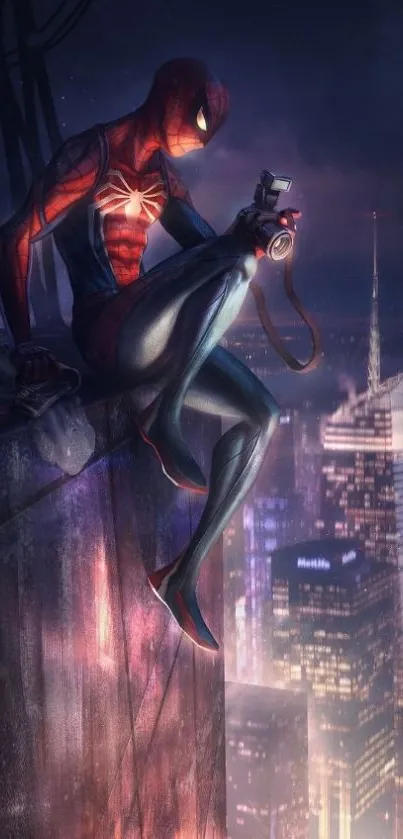 Superhero overlooking cityscape at night, vibrant urban view.