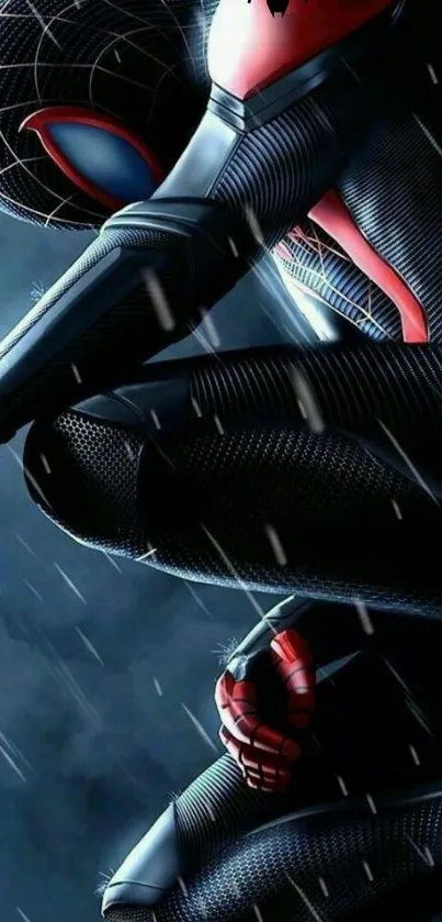 Superhero crouched in rain in a dark-themed wallpaper.