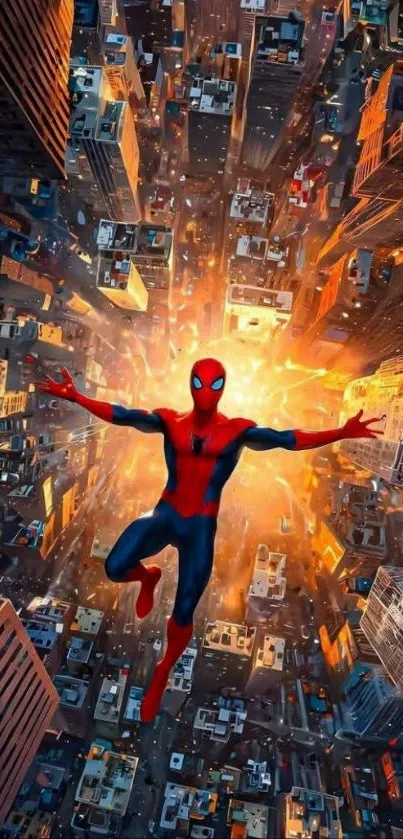Superhero soaring over an exploding cityscape.