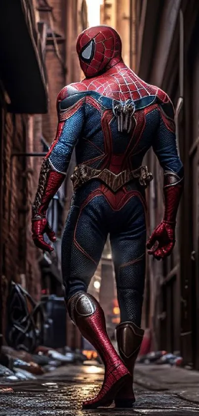 Detailed costume hero walks through a dimly lit alley, exuding strength.