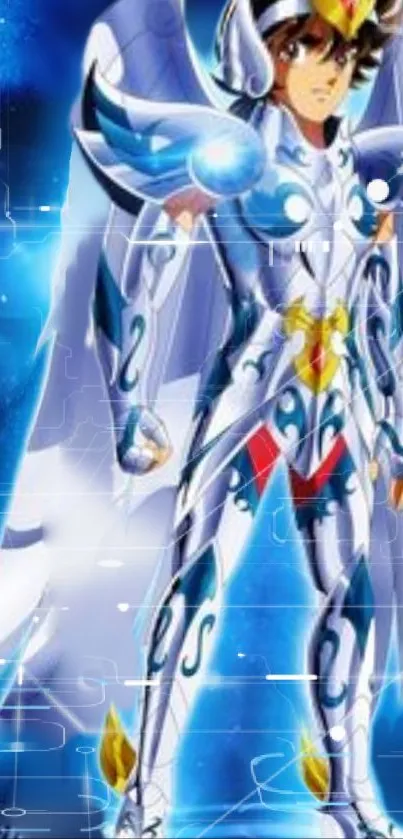 Anime hero in futuristic armor with vibrant blue background.