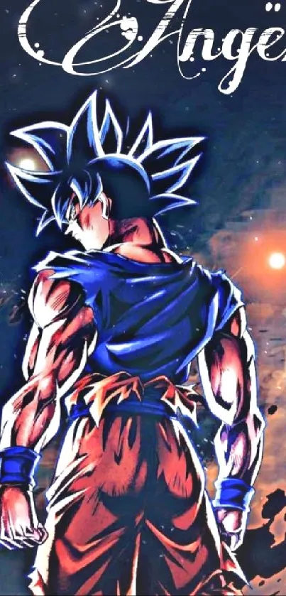 Anime hero in dark blue glow on dynamic wallpaper.