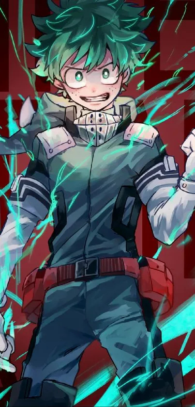 Anime character with green energy in dynamic pose on vibrant background.
