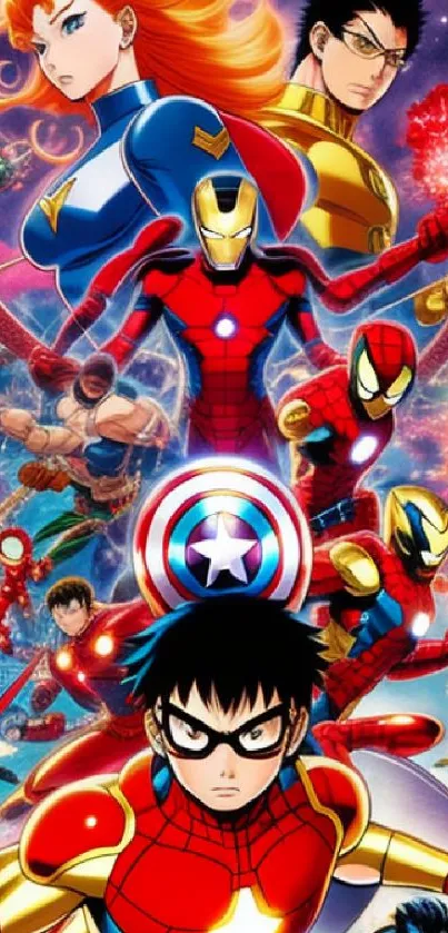 Epic anime crossover featuring iconic superheroes in vibrant colors.