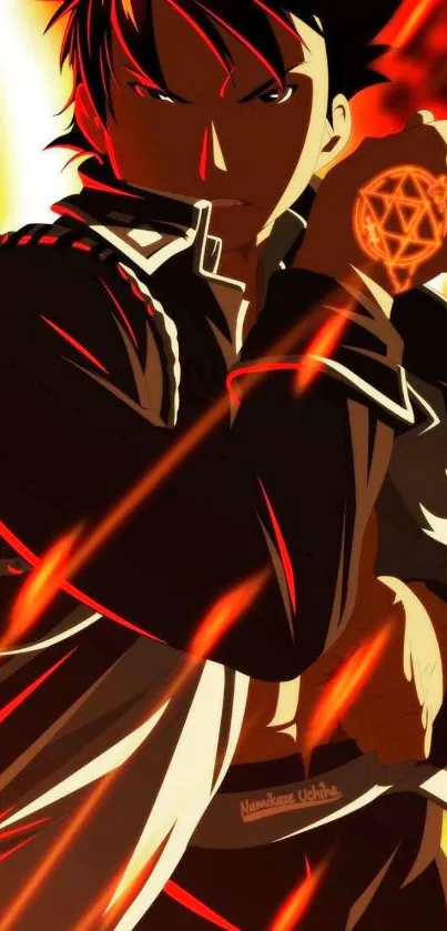 Anime hero with fiery orange background.