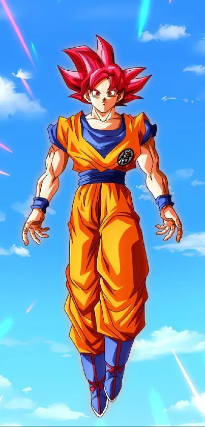 Anime hero in colorful attire against a blue sky.