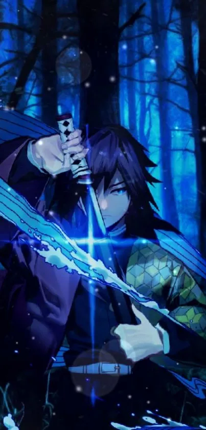 Anime swordfighter in a mystical blue forest.