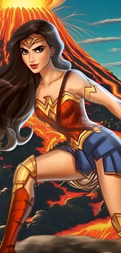 Anime warrior in action with a volcanic backdrop.