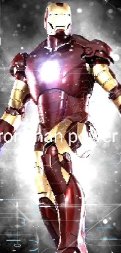 Heroic figure in high-tech armor set against a dynamic dark background.