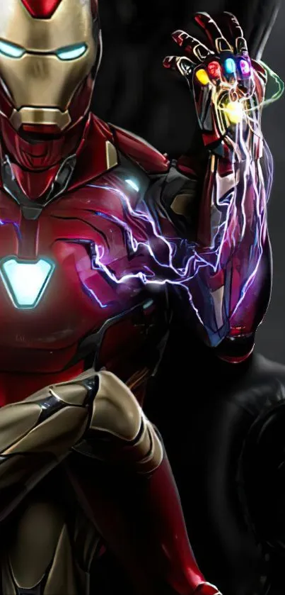 Futuristic armored hero with a glowing power display in vibrant red tones.