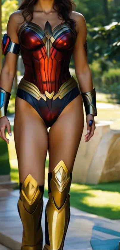 Warrior in vibrant armor with a scenic backdrop.