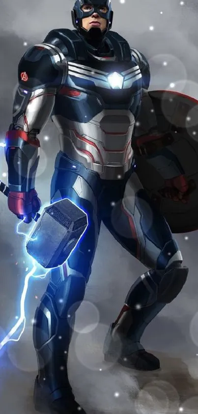 Armored superhero holding a hammer with electric energy amid clouds.