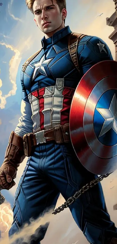 Heroic figure with shield on a vibrant mobile wallpaper.