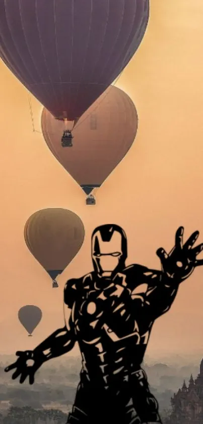 Superhero silhouette with balloons at sunset.