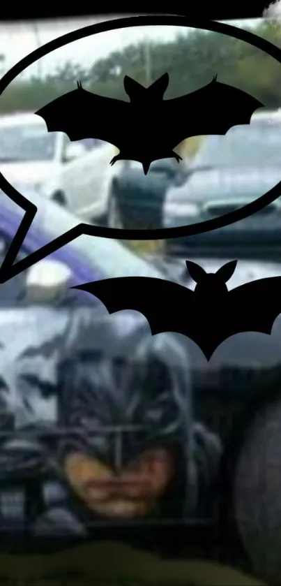 Batman-themed Batmobile with iconic bat symbols and dynamic art.