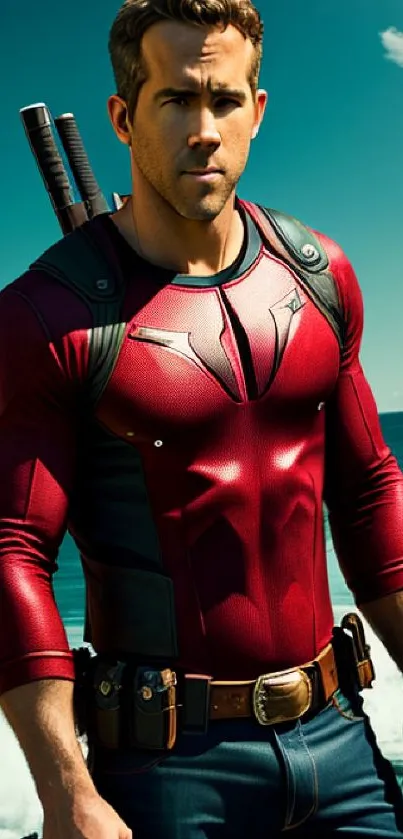 Hero in a red suit standing on a sunny beach with ocean backdrop.