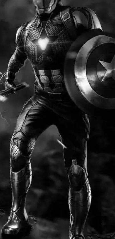 Black and white fusion of Captain America and Iron Man, heroic and striking.