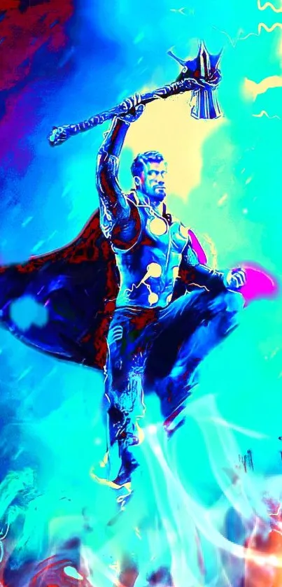 Vibrant superhero with blue lightning in action-packed scene.