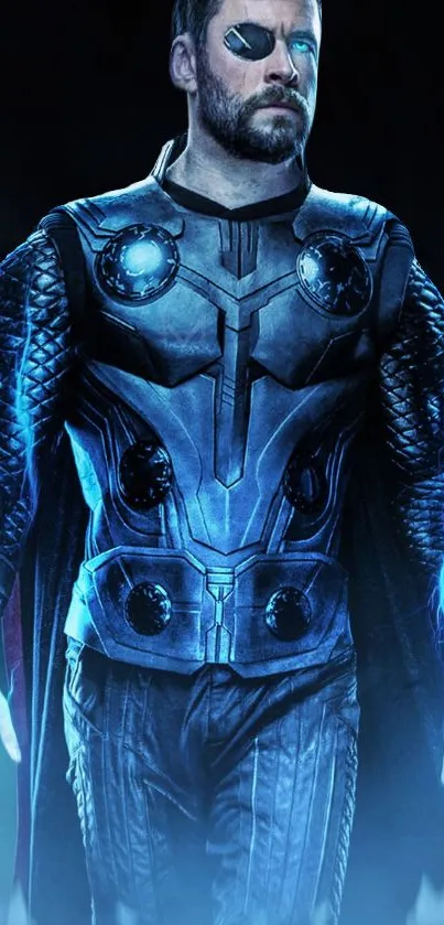 Armored warrior in blue tones on mobile wallpaper.