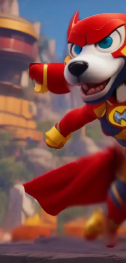 Animated superhero dog in a vibrant red suit leaping heroically.