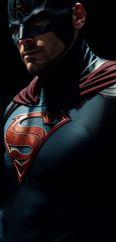 Superhero with cape and shield logo in dynamic pose on mobile wallpaper.