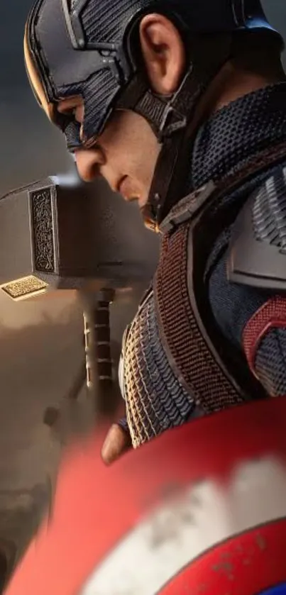 Heroic captain with shield and hammer in action scene.