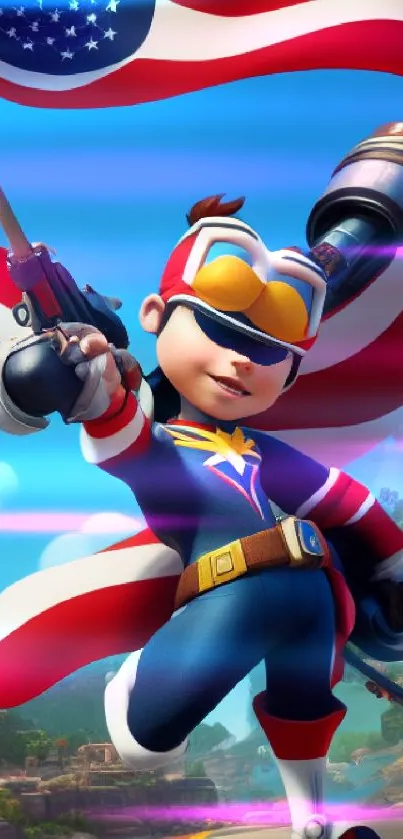 Heroic cartoon character with American flag wallpaper.