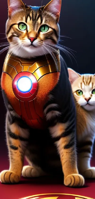 Two superhero cats with glowing armor on a dark backdrop.