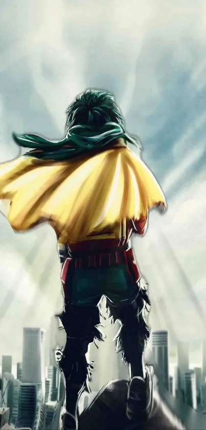 Hero with yellow cape overlooking a cityscape under a bright sky.