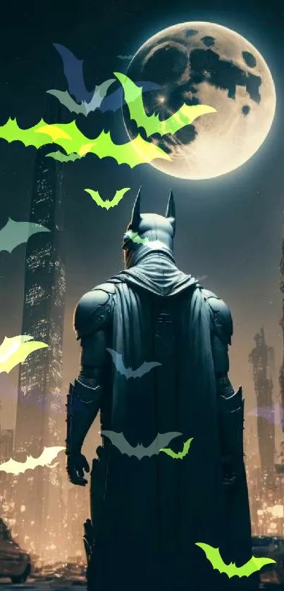 Silhouetted hero with bats and a glowing full moon in a cityscape night.