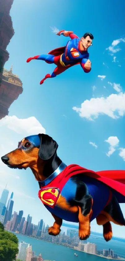 Superhero and dog flying over cityscape in vibrant scene.