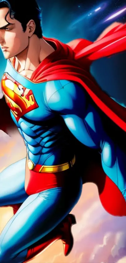 Dynamic superhero comic character with flowing cape against a vibrant sky.