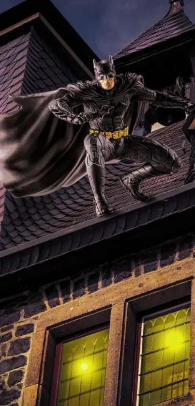 Dark Knight poised on a gothic rooftop at night.