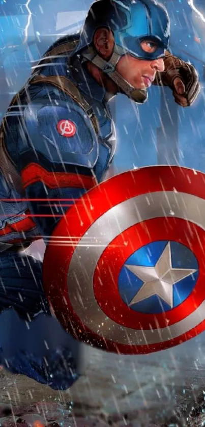 Superhero kneeling with shield in rain, showcasing courage.