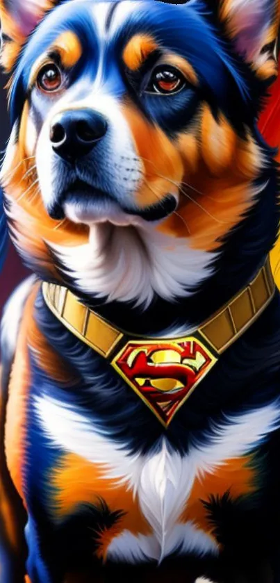 Heroic dog with superhero collar in vibrant colors.