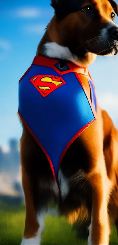 Heroic dog in Superman cape with cityscape backdrop.