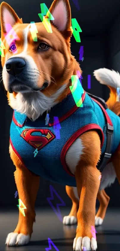 Heroic dog in superhero costume with vibrant colors in a room setting.